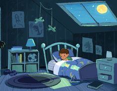 a boy is laying in his bed looking out the window at the moon and stars