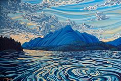 an acrylic painting of a lake with mountains in the background and clouds above it