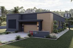 an artist's rendering of a two story house in the middle of a grassy area