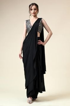 Black pre-draped saree with cascading center. Paired with a black and grey blouse with sequins, cutdana embroidery. - Aza Fashions Cutdana Embroidery, Draped Saree, Drape Saree, Grey Blouse, Blouse For Women, Embroidered Blouse, Aza Fashion, Blouses For Women, Black And Grey