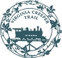 the virginia creeper trail logo is shown in black and white, with leaves around it