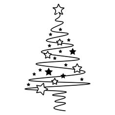 a black and white drawing of a christmas tree with stars on the top is shown