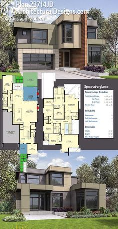 two story house plan with three levels and lots of windows, front and back views