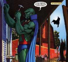 a comic book page with an image of a green man holding a hammer in his hand