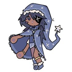 a drawing of a girl in a blue coat and hat with stars on her hand