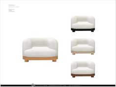 four different types of white chairs with wood legs