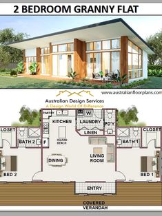 two bedroom granny flat with floor plans and measurements for each room in this house plan