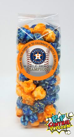 a bag filled with blue and orange gummy bears