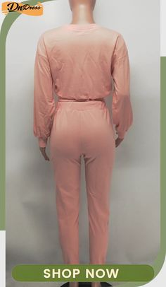 Fashion Solid Slim Fit Long Sleeve Slim Crop Two Piece Tracksuit Casual Pink Two-piece Top, Pink Casual Two-piece Top, Pink Two-piece Casual Tops, Casual Fitted Two-piece Jumpsuits And Rompers, Solid Color Fitted Two-piece Jumpsuits And Rompers, Two-piece Long Sleeve Jumpsuits And Rompers For Summer, Two-piece Long Sleeve Jumpsuits For Summer, Two-piece Jumpsuits For Spring, Summer Two-piece Long Sleeve Jumpsuits And Rompers