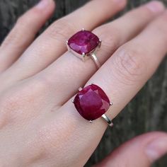 Handmade Ruby Ring, Square Cut Ruby Ring, Elegant Large Stone Ruby Ring, Red Square Cut Ruby Ring Gift, Rectangular Red Ruby Ring, Square Cut Red Ruby Ring Gift, Red Square Cut Ruby Ring, Square Cut Ruby Ring In Red, Sterling Silver Ruby Ring With Large Stone