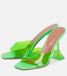 Lupita PVC mules in green - Amina Muaddi | Mytheresa Amina Muaddi Lupita, Muaddi Shoes, Amina Muaddi Shoes, Green Heels, Heeled Mules Sandals, Spool Heel, Amina Muaddi, Glass Slipper, Green Shoes