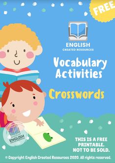 an english poster with two children reading books and the words,'vocabilar activities crosswords '