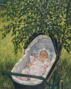 a painting of a baby in a stroller under a tree with two teddy bears