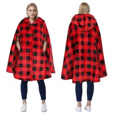 For most occasions, this hooded poncho is your ideal choice. With flat shoes, boots, sports shoes, both casual and fashionable, you will get a lot of compliments. One size fits most people, solid colors are versatile, everyone can wear a unique style. Can be worn like sweaters, take the place of jackets and coats. Take it wherever you need it. Spacious poncho for adults and teens. It is a good gift for Christmas, Thanksgiving, birthday, Mother's Day. Color: Multicolor.  Pattern: plaid. Fleece Poncho, Cloak Coat, Blanket Poncho, Womens Poncho, Hooded Poncho, Hooded Cloak, Travel Shopping, Flannel Tops, Poncho Cape