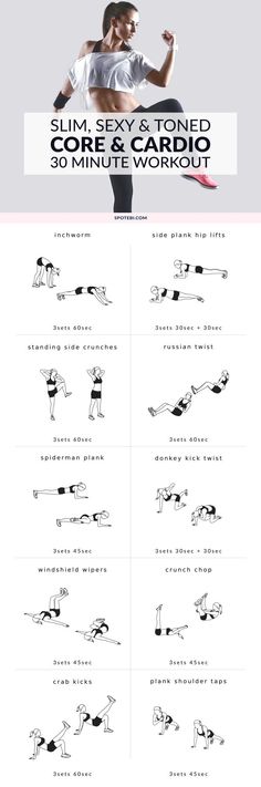 Work your abs, obliques and lower back with this core and cardio workout. Improve your aerobic fitness at home and get a toned, sculpted and slim belly! http://www.spotebi.com/workout-routines/bodyweight-at-home-core-and-cardio-workout/ Core And Cardio Workout, Core Workout For Beginners, Exercise Images, Aerobic Fitness, Fitness At Home, Weekly Workout Plans, 30 Minute Workout, Cardio Training