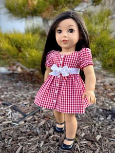 the doll is wearing a red and white checkered dress