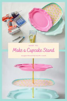 some plates and tools are sitting on a table with the words how to make a cupcake stand