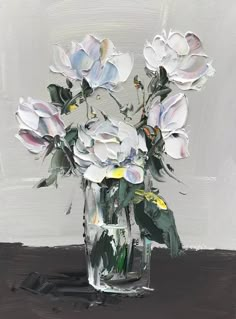 a painting of white flowers in a glass vase