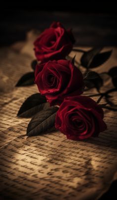 two red roses sitting on top of a piece of paper with writing in the background