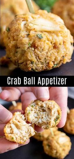 crab ball appetizer is being held up with a toothpick in it