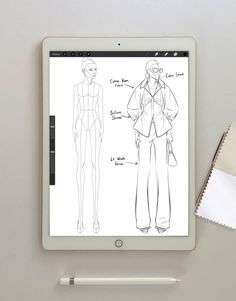 an ipad with a drawing on the screen next to a pen and paper clipping