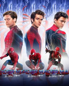 the amazing spider - man movie poster is shown in three different poses, including one with his