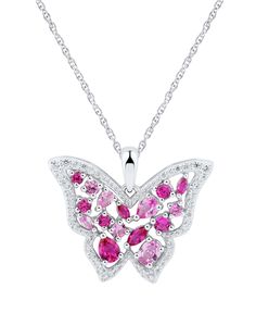 An elegant butterfly pendant necklace is adorned with colorful ruby, pink sapphire and cubic zirconia wings. Macy's White Gold Jewelry With Accent Stones, Fine Jewelry Pink Multi-stone Necklace, Macy's Sterling Silver Jewelry With Gemstones, Macy's Silver Gemstone Jewelry, Macy's Gemstone Necklaces As Gifts, Macy's Gemstone Necklace For Gift, Macy's Gemstone Necklace Gift, Macy's Diamond White Necklace Gift, Macy's Diamond White Necklace