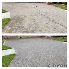 before and after photos of a brick driveway