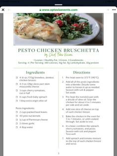 the menu for pesto chicken bruschetta