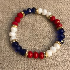 8mm Red, White , Blue And Gold Fourth Of July Bracelets, Red Bracelet Ideas, Blue And Red Beaded Bracelets, 4th Of July Bracelets, Red White Blue Bracelets, Red White And Blue Bracelets, Blue Bracelet Ideas, Red Bracelet, Patriotic Blue Jewelry With Colorful Beads