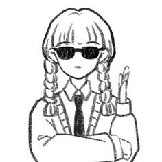 a drawing of a woman wearing sunglasses and holding up two fingers in front of her face