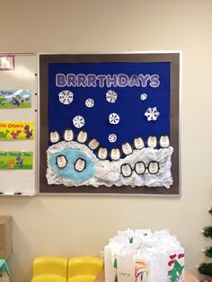 a bulletin board with the words birthday's on it in front of a christmas tree