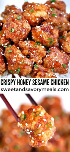 two pictures showing the different ways to make crispy honey sesame chicken with chopsticks