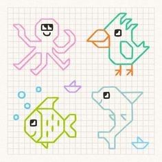 four different colored fish on a sheet of paper with lines in the shape of squares