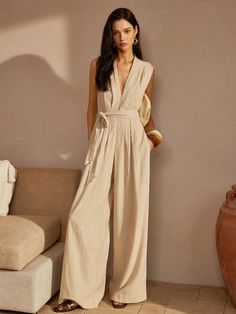 Belted Ruched V-Neck Jumpsuit Thailand Outfits, Home Vacation, Split Long Dress, Vest Blouse, Linen Romper, Linen Jumpsuit, Long Midi Dress, Outerwear Outfit, Green Coat