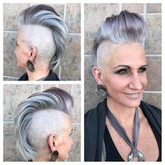 Grey Hair Modern, Female Mohawk, Chica Punk, Mens Medium Length Hairstyles, Pixie Cut Styles, Short Grey Hair, Hairstyle Look, Shaved Sides