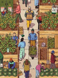 an image of people working in a garden center with many plants and fruits on the shelves