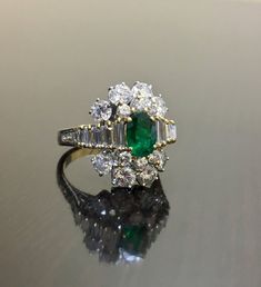 18K Yellow Gold Diamond Art Deco Emerald Engagement Ring - Art Deco Emerald Diamond Wedding Ring - 1 Diamond Emerald Ring, Art Deco Emerald, Emerald And Diamond Ring, Baguette Diamonds, Emerald Engagement, Diamond Wedding Ring, Art Deco Engagement Ring, Ring Metal, Emerald Engagement Ring