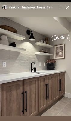 a kitchen with wooden cabinets and white counter tops