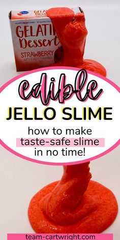 Text: Edible Jello Slime how to make taste-safe slime in no time! Top Picture: Box of strawberry gelatin dessert mix with red slime oozing over box. Bottom picture: red edible slime stretching and ending in a pile. Edible Slime For Kids, Preschool Food Crafts, Jello Slime, Preschool Cooking Activities, Edible Sensory Play, Science Activities For Toddlers, Preschool Food