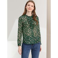 Whether you're in the office or out on the town, this ruffle-collar floral-printed shirt is perfect for any occasion! This fresh, romantic floral pattern lends up your spring/autumn look. Let your wardrobe blossom with this floral-printed shirt. This floral shirt has a retro floral print for an easy-to-style look, and the soft chiffon fabric lends a comfortable, soft feel. Feminine Floral Print Patterned Blouse, Feminine Patterned Blouse With Floral Print, Elegant Green Floral Print Blouse, Feminine Floral Print Workwear Blouse, Feminine Floral Print Blouse For Work, Casual Floral Print Blouse For Office, Floral Print Tie Neck Blouse For Work, Casual Blouse With Floral Print And Ruffled Collar, Floral Print Blouse For Office In Fall