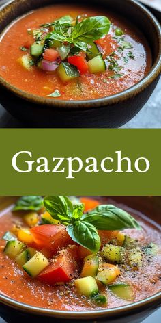 two bowls of gazpacho with basil, tomatoes and cucumbers in them