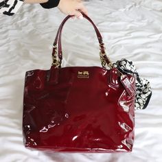 Coach Women's Tote Purse Zip-Top Closure, Fabric Lining Inside Zip Pocket Outside Is Deep Burgundy With Gold Accents On Handles; Inside Beautiful Gold Good Condition With Minor Blemishes On Side, Excellent Condition On The Inside Dimension: 13" (L) X 10 (H) Fall 24, Bags Coach, Deep Burgundy, Red Burgundy, Coach Bag, Tote Purse, Burgundy Color, Womens Tote, Burgundy Red