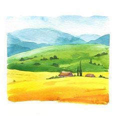 watercolor painting of green hills and trees