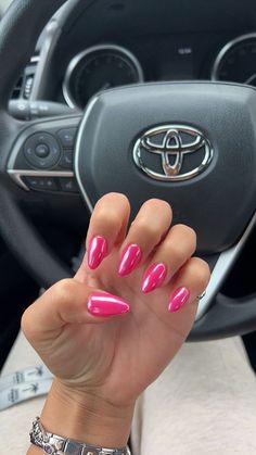 Hot Pink Acrylic Almond Nails, Hot Pink Gel X Nails, Vacation Nails Almond Shape Pink, Hot Pink Ombre Nails Almond, Hot Pink Crome Nails Almond, Short Nail Inspo Summer 2024 Simple, Strawberry Pink Chrome Nails, Bright Pink Nails With Chrome, Homecoming Nails Hot Pink