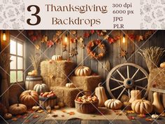 thanksgiving background with pumpkins and hay bales