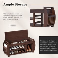 the shoe rack is made from wood and has multiple compartments for shoes to store them