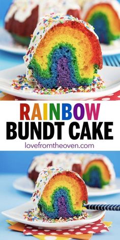 a rainbow bundt cake with sprinkles on it and the words overlay reads