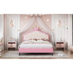 a pink and white bedroom with a bed, dressers, and chair in it