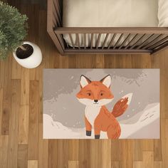 a rug with a fox on the floor next to a crib